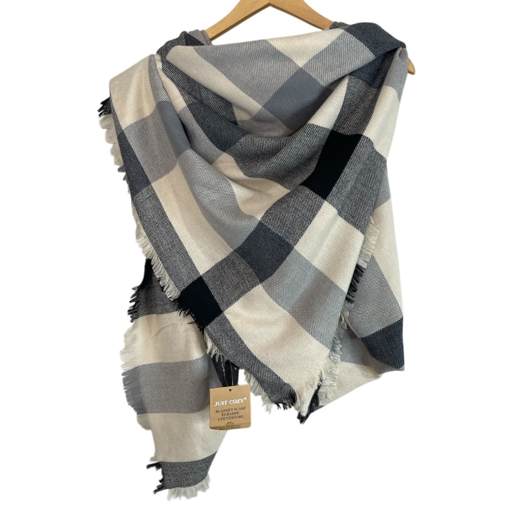 Just Cozy NWT Plaid Fringe Blanket Scarf Black Cream Soft